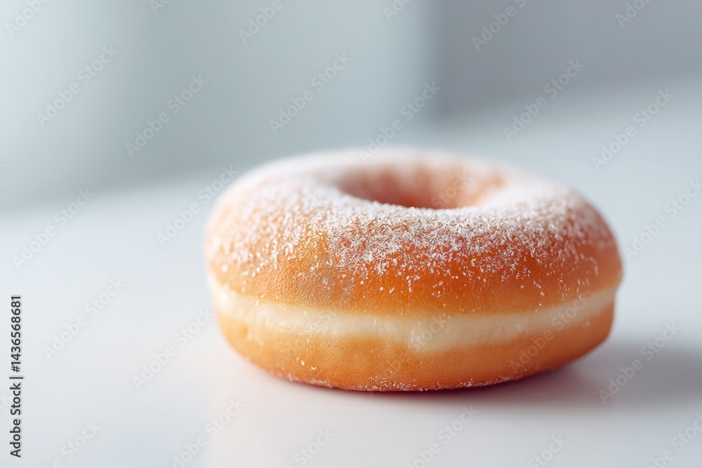 Poster single donut rests on pristine white surface with ample copy space evoking clean and minimalistic at