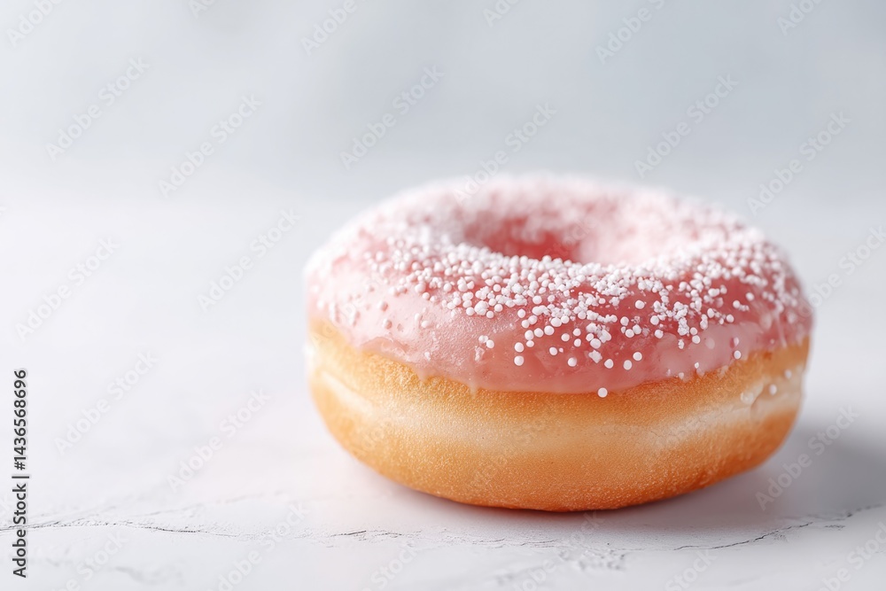 Poster single donut rests on pristine white surface with ample copy space evoking clean and minimalistic at