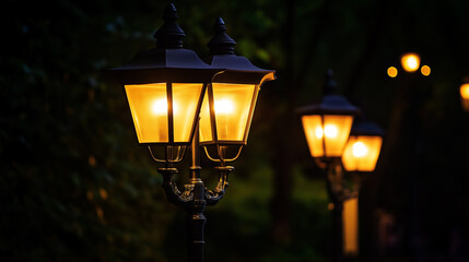 Blurred street lamp lights at night with bokeh effect on black background