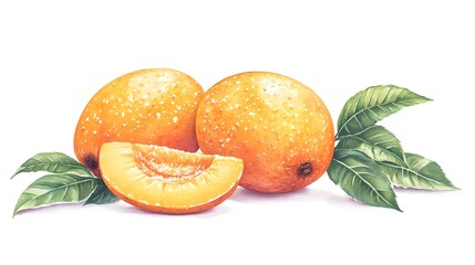 Watercolor Illustration of Ripe Mango with Slice and Green Leaves
