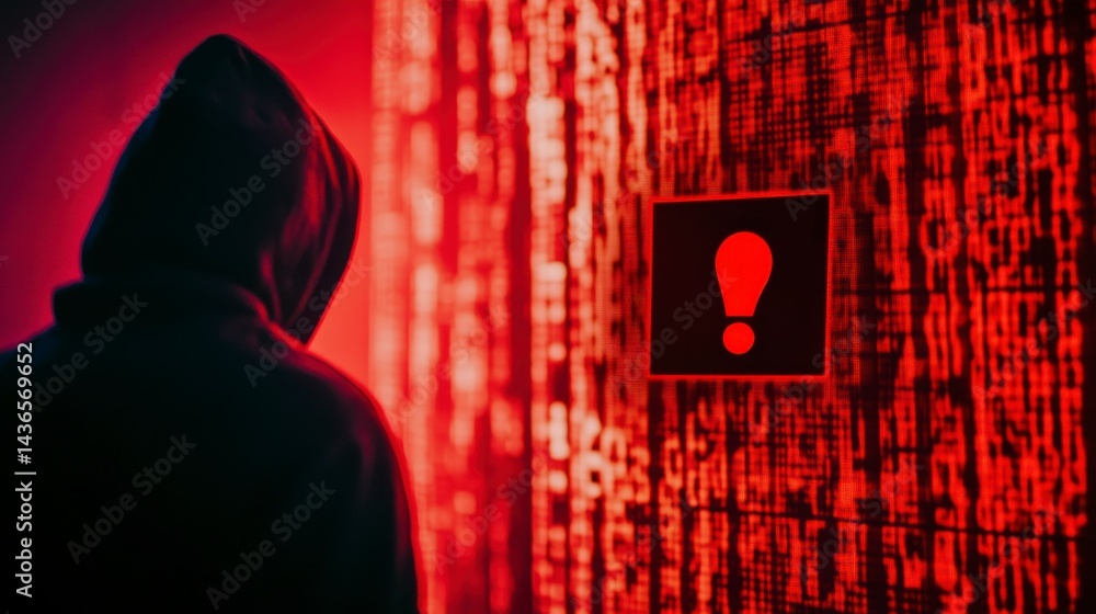 Poster mysterious figure in red digital code warning