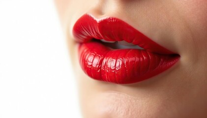 Obraz premium Close-up vibrant red lips, stark white backdrop, cosmetic, sharp