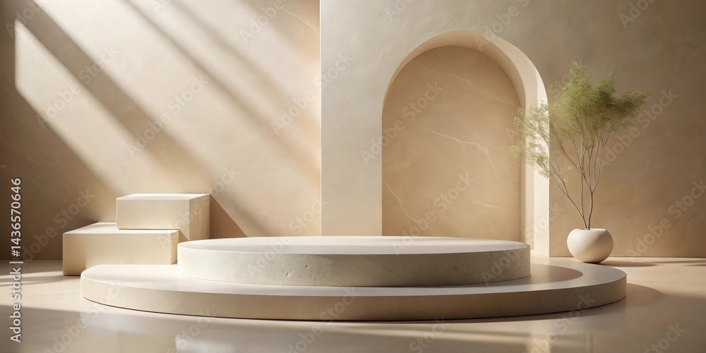 Poster elegant minimalist product display with neutral tones and architectural arch