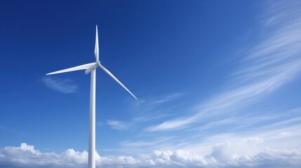 solitary wind turbine gracefully set against vast blue sky serves as powerful symbol of sustainable energy offering