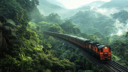 The train is surrounded by lush green trees and the landscape is serene.