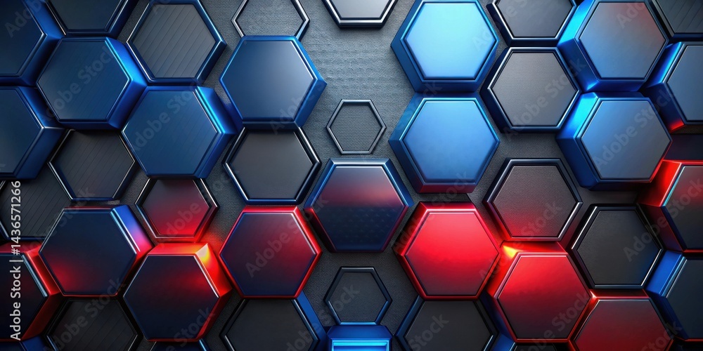 Poster Abstract Hexagonal Pattern with Vibrant Blue and Red Accents on a Dark Background