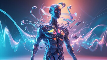 a stunning 3d illustrated abstract human figure, with swirling, organic shapes and fragmented lines, set against a vibrant, gradient background that transitions from radiant cyan to mysterious dark bl