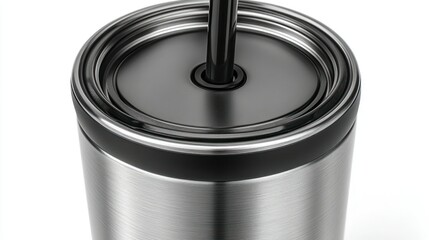 Stainless steel tumbler with black lid and straw