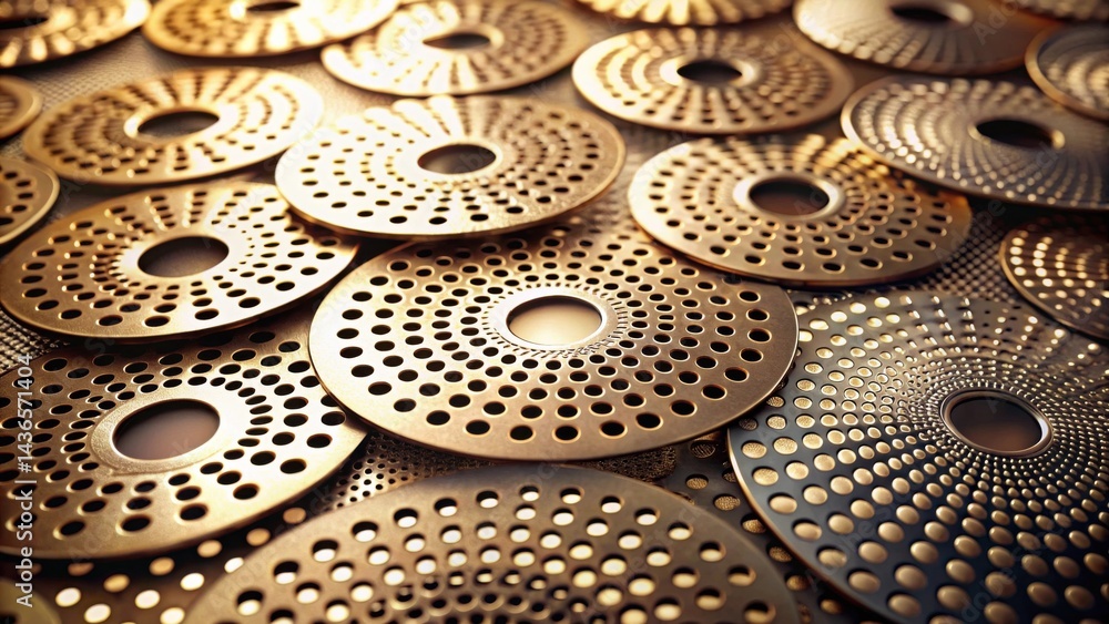 Leinwandbilder An array of ornate metallic discs with intricate circular patterns, showcasing a sophisticated design aesthetic.