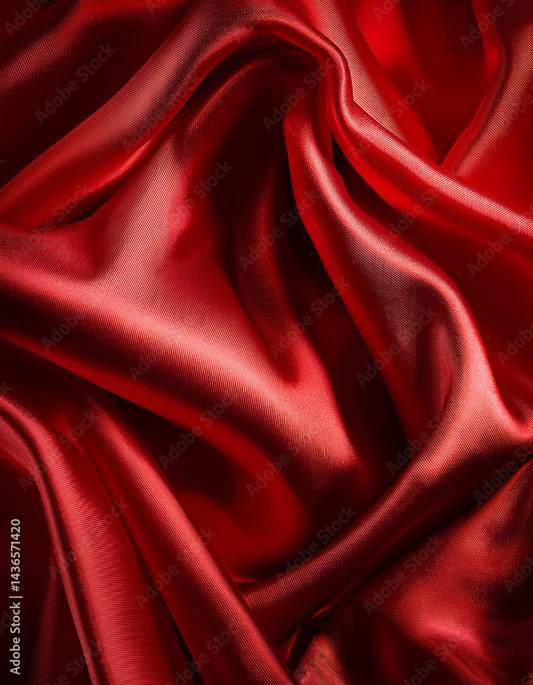 Poster red satin fabric folds. smooth shiny cloth texture. rich color material. elegant drape pattern. clos