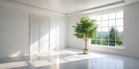 Obraz premium Bright, airy room with large window and potted tree, minimalist design, sunlight streaming through, perfect for modern living
