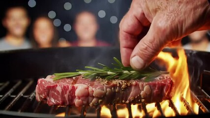 It's a focused shot of someone preparing a steak on a barbecue. You see the raw, seasoned meat hit the hot grates over visible flames, and then a hand comes in to add a fresh sprig of rosemary right o