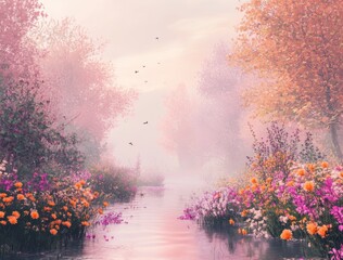 Fototapeta premium Pastel Flowers and Misty Stream Path