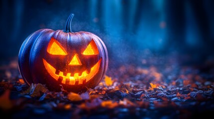 Fototapeta premium Glowing Halloween Pumpkin in Dark Forest with Spooky Atmosphere