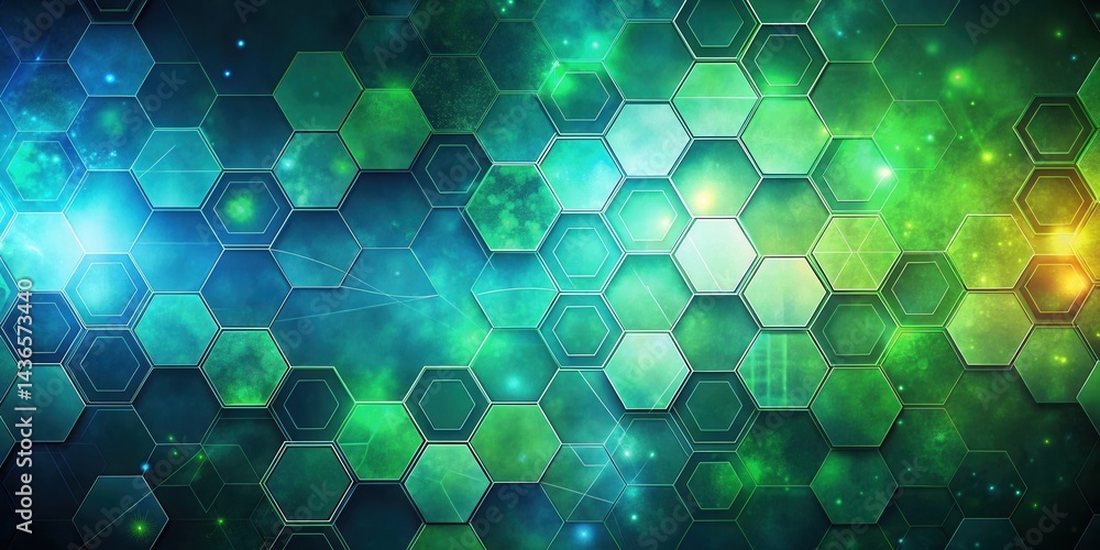 Poster abstract hexagon network digital background with glowing green and blue hues