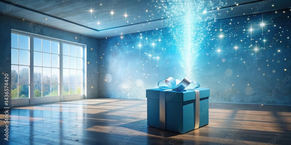 Aufkleber a large teal gift box sits in an empty room, magical light emanating from within, illuminating the h