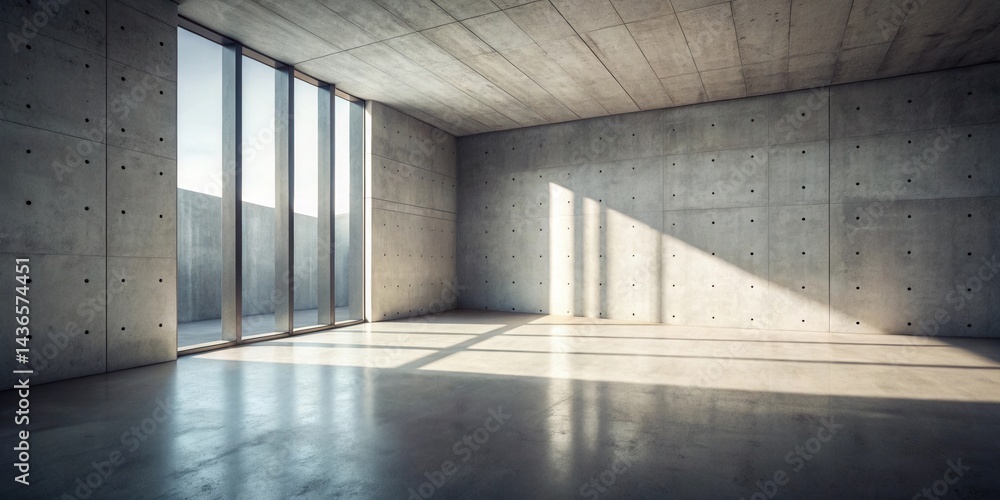 Poster empty modern concrete room with large window and sunlight streaming through