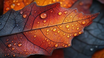 Fototapeta premium Close up of a colorful autumn leaf covered in water droplets.