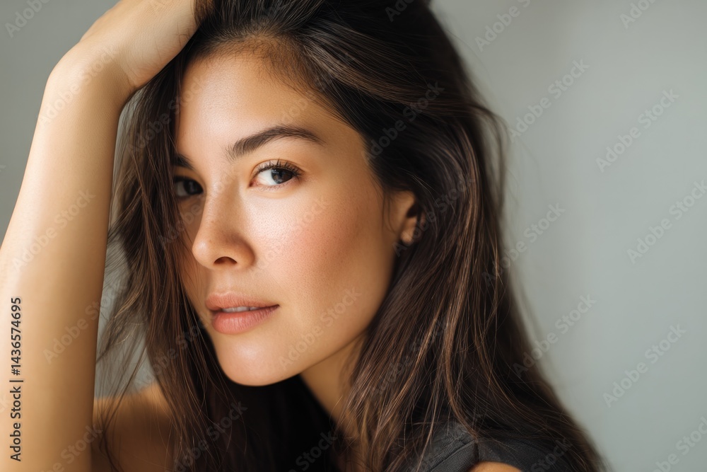 Poster capture minimalistic portrait focusing on everyday makeup with blurred background and ample copy spa