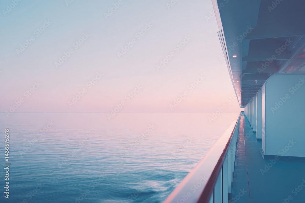 Poster close-up of luxurious cruise ship deck at dusk with minimalistic design and ample copy space on calm