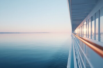 close-up of luxurious cruise ship deck at dusk with minimalistic design and ample copy space on calm sea