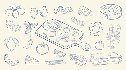 Hand-drawn Italian food set. Pasta, cheese, olives, seafood. Monochrome ink vector illustration.