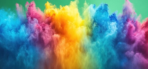Rainbow powder explosion against green backdrop. Festive design element