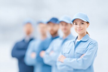 diverse group of electricians of varying ages and ethnicities posed against blurred background