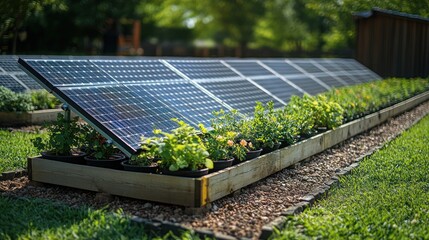 Solar panels over garden bed with plants in a backyard setting.