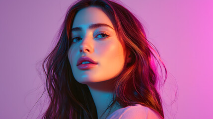 Obraz premium Radiant Aura: A captivating young woman's portrait, illuminated by a striking interplay of vibrant colors, showcasing her beauty. 