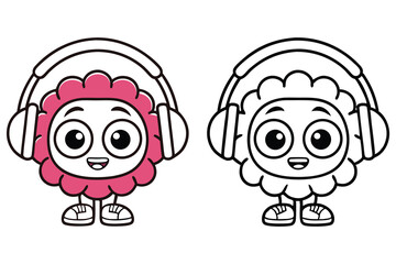 Cartoon character wearing headphones, flower head, happy face and outline transparent