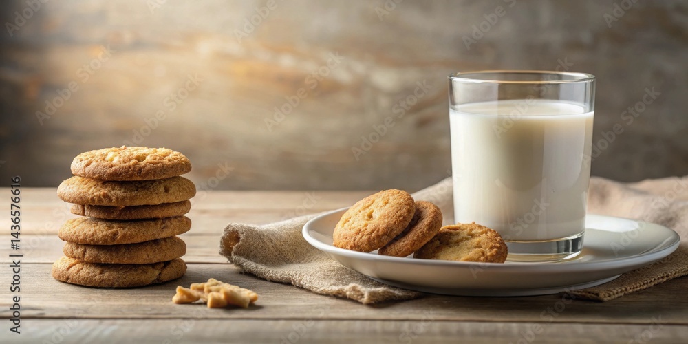 Poster A delightful stack of golden brown cookies sits beside a glass of creamy milk and a small plate with additional cookies, creating a simple yet inviting scene on a rustic wooden surface.