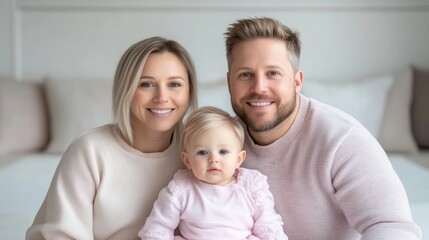 A happy family of three sitting together on a cozy bed, featuring parents and their baby, soft lighting, warm and loving atmosphere, and indoor setting.
