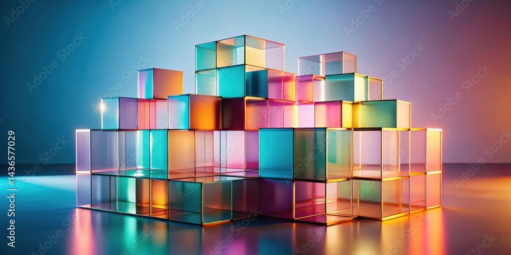 Poster A vibrant arrangement of translucent cubes, showcasing a spectrum of iridescent hues and gleaming metallic frames, artfully stacked to form an intriguing structure, reflecting a colorful light