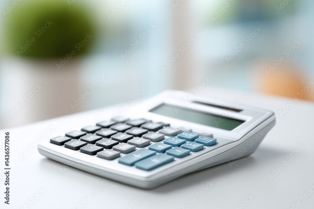 Poster minimalistic image of silver-colored calculator on neat empty desk surface with abundant copy space