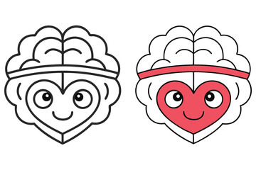 Smiling Brain Heart Outline Icons with Band, Comic Style, Love Concept, White Background