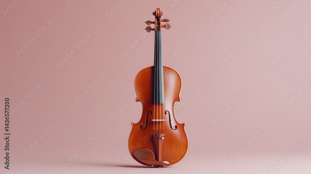 Poster minimalistic image of antique violin standing upright on smooth solid color background offering ampl