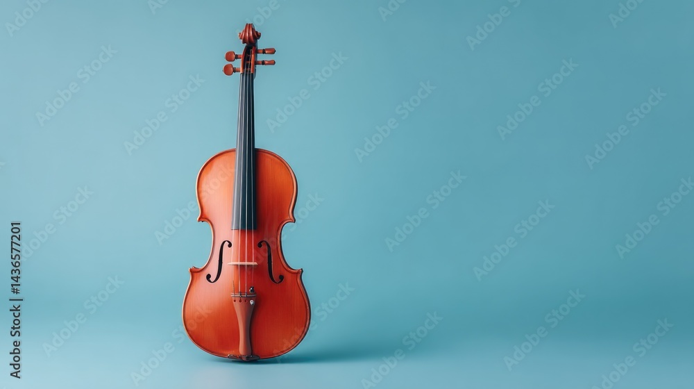 Poster minimalistic image of antique violin standing upright on smooth solid color background offering ampl