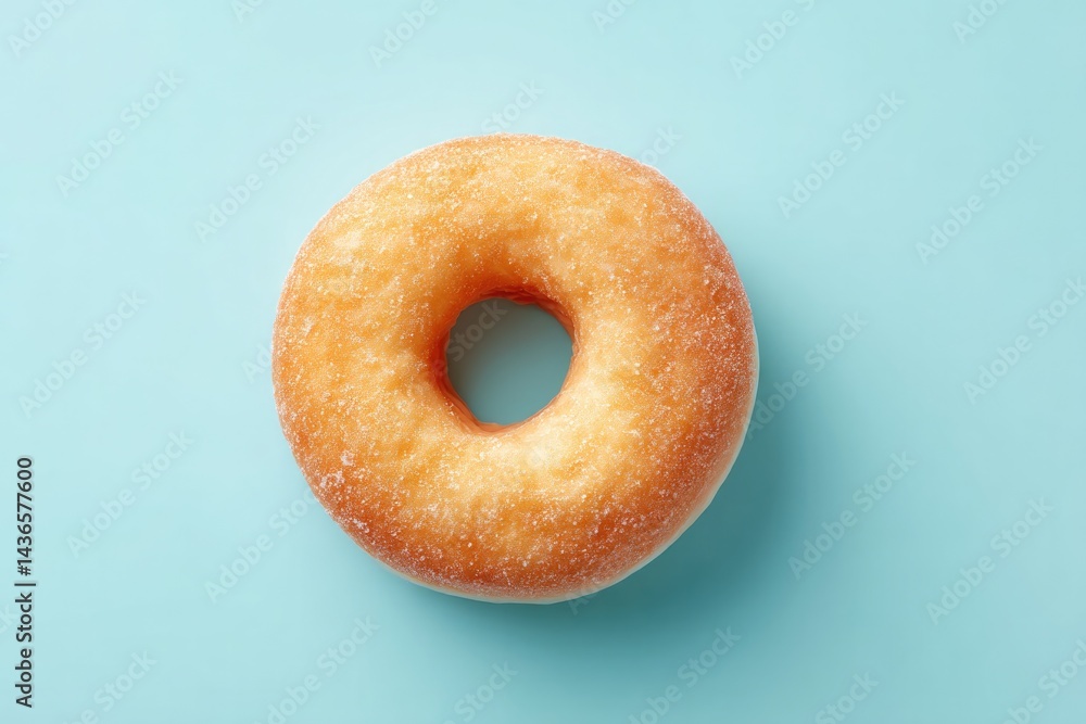 Poster minimalistic top down image of single donut perfectly centered on clean solid color background offer