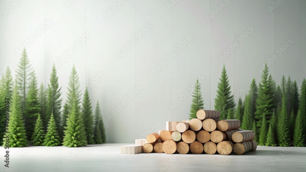 Poster Serene Minimalist Interior Design Featuring a Stack of Wood Logs Against a Wall Backdrop of Evergreen Trees