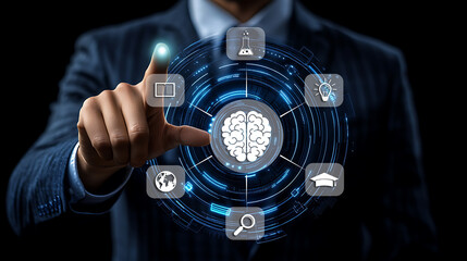 Businessman in suit pointing at glowing futuristic digital interface representing innovation and growth
