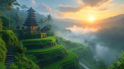 Temple on rice terraces with sunrise or sunset and mist in valley.