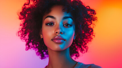 Fototapeta premium Portrait with Neon Lighting: This image captures the captivating gaze of a young woman with an afro. illuminated by vibrant.