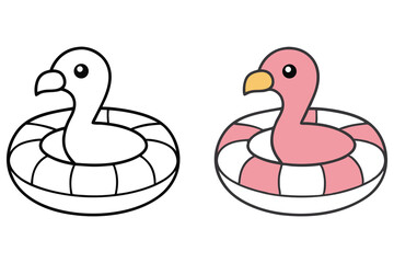 Flamingo Cartoon Swimming in a Ring with Outlines on White Background