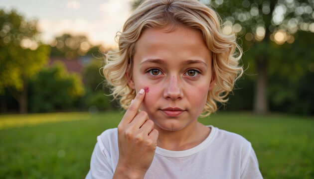 Child showing discomfort from mosquito bite allergy in nature