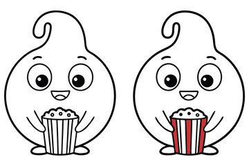 Two Cartoon Ghost Characters Holding Popcorn Buckets with Smiling Faces