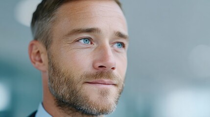 Obraz premium business professional gazes into distance captured in foreground against blurred background