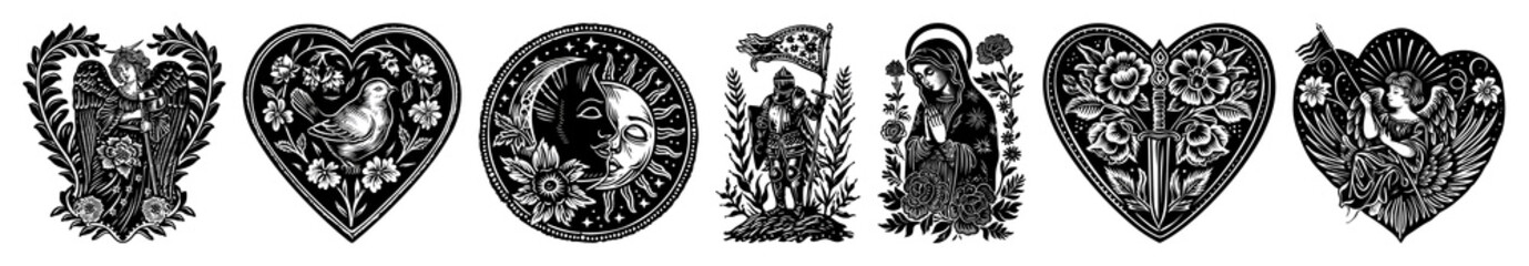 PNG Black floral heart designs, element set on transparent background