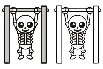 Cartoonish white skeleton hanging on a bar, happy expression, cute, transparent