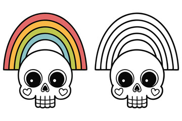 Skull with Rainbow Hairstyle, Cartoon Drawing. Halloween or Day of the Dead Icon